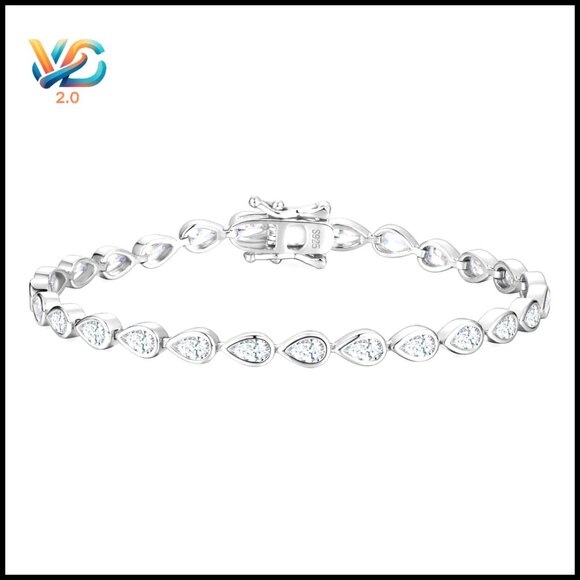 Sterling Silver Tennis Bracelet Pear Cut Cubic Zirconia Classic Elegant Jewelry
